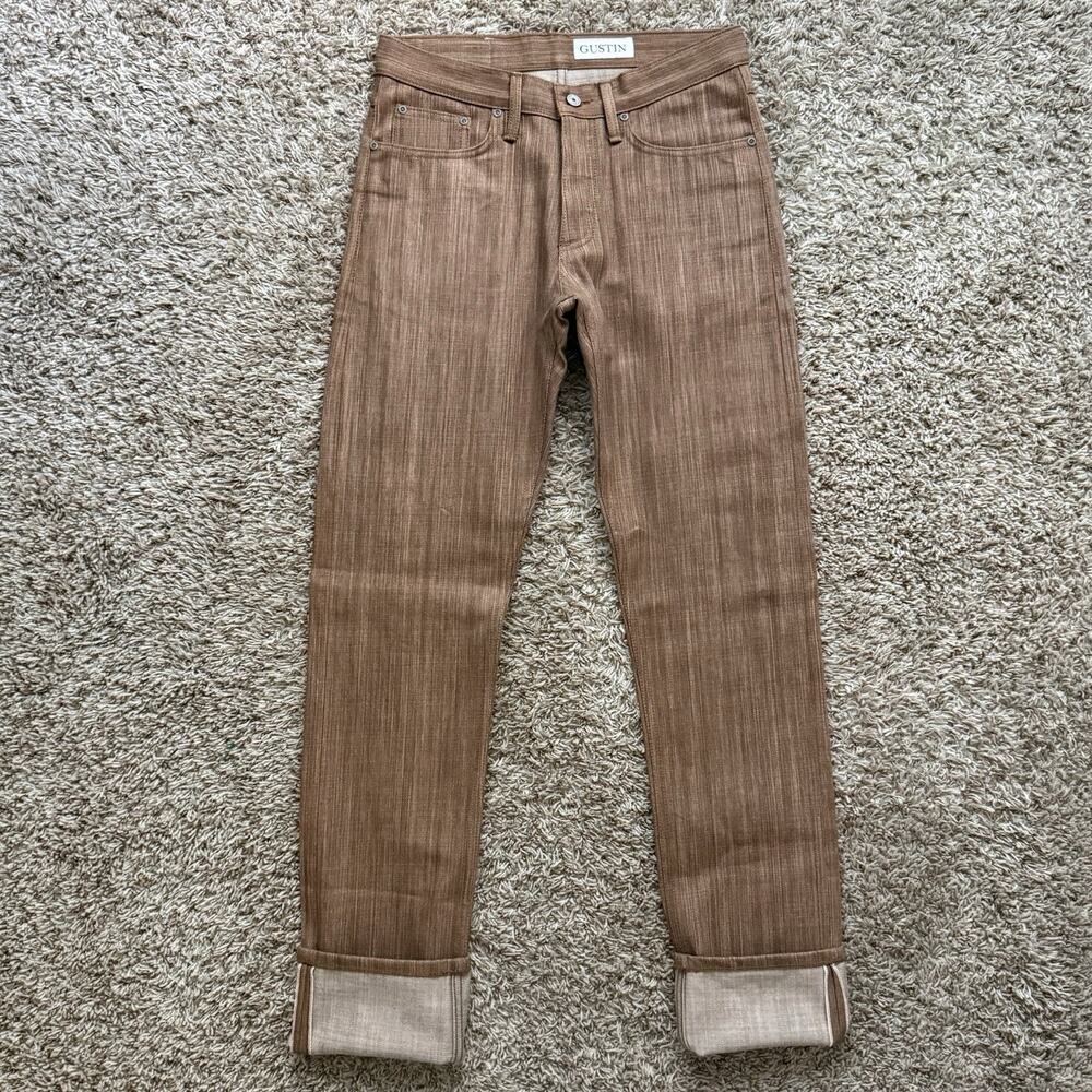NWOT Gustin California Slim Raw Selvedge Denim Jeans Mens Size 31 - Brown Stripe